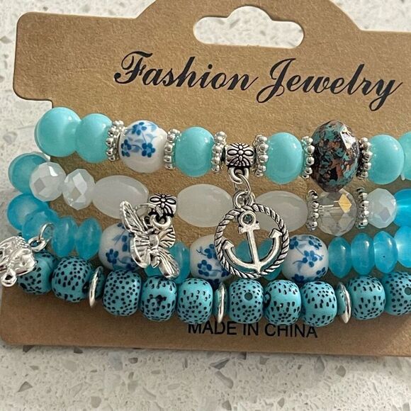 Handmade Blue Boho Bracelet Set 4pc with Anchor, Elephant & Butterfly Charms - Picture 4 of 7